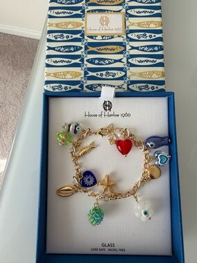 House of Harlow 1960 Gold Coastal Charm Bracelet Colorful Beach Glass Charms